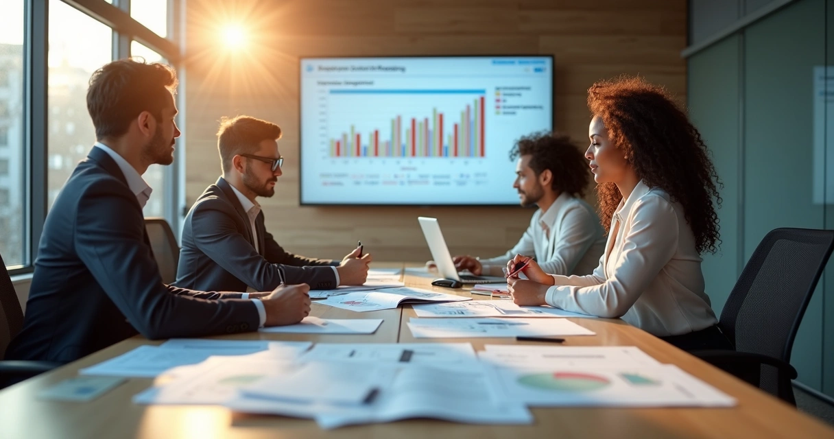 Equipe corporativa analisando relatórios em reunião. 