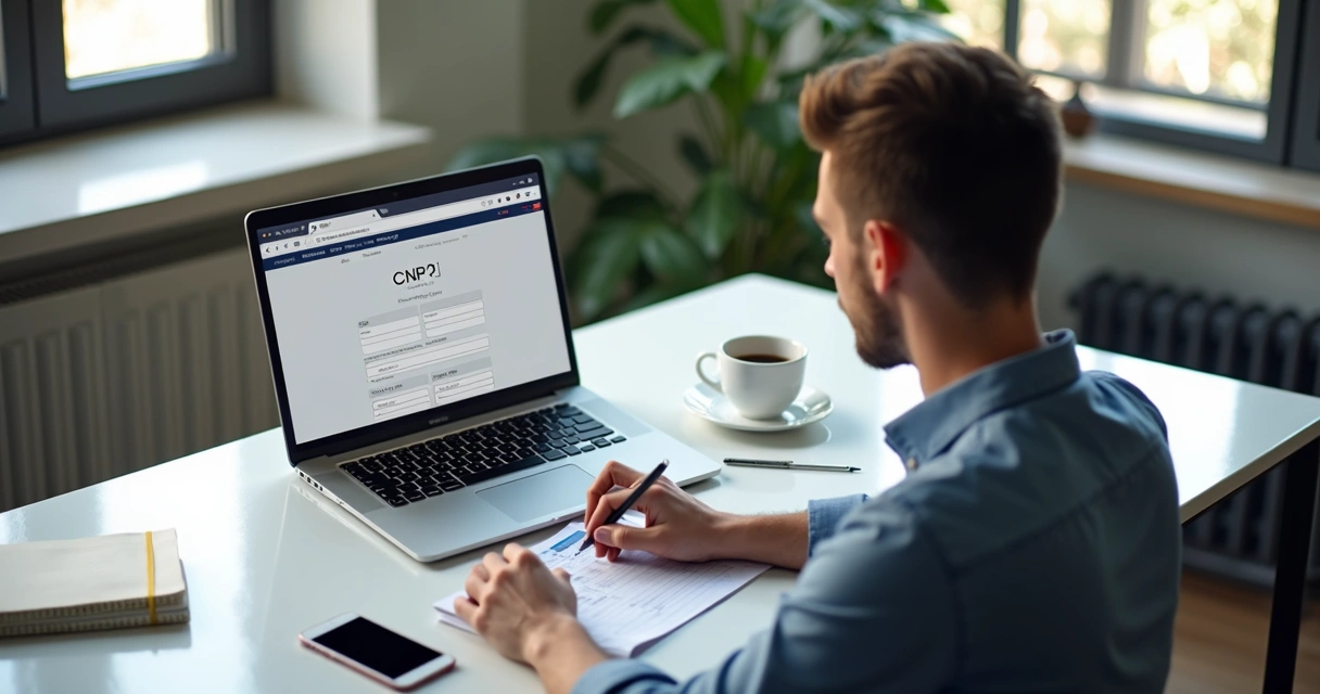 Empreendedor usando notebook para cadastrar empresa online, tela exibe formulário de CNPJ