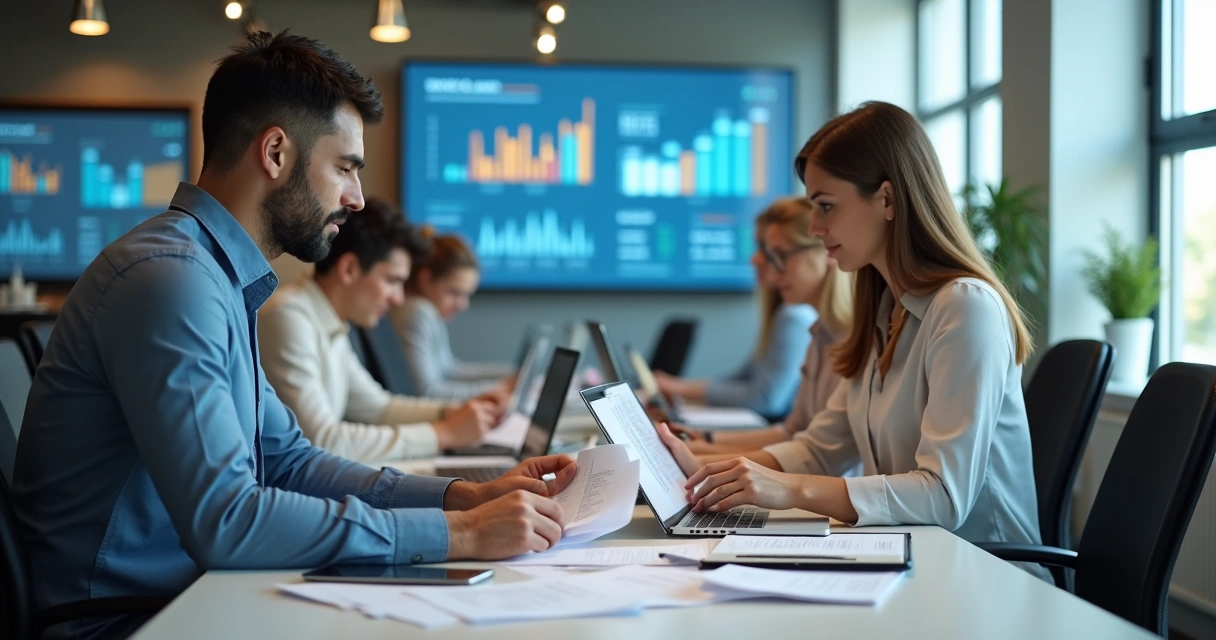 Empresários digitalizando documentos e processos financeiros no escritório 