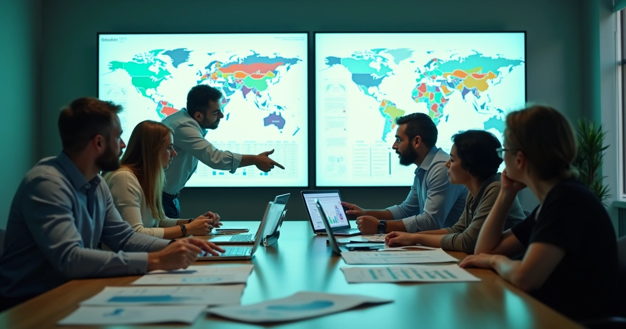 Equipe analisa dados de mercado em sala de reunião 