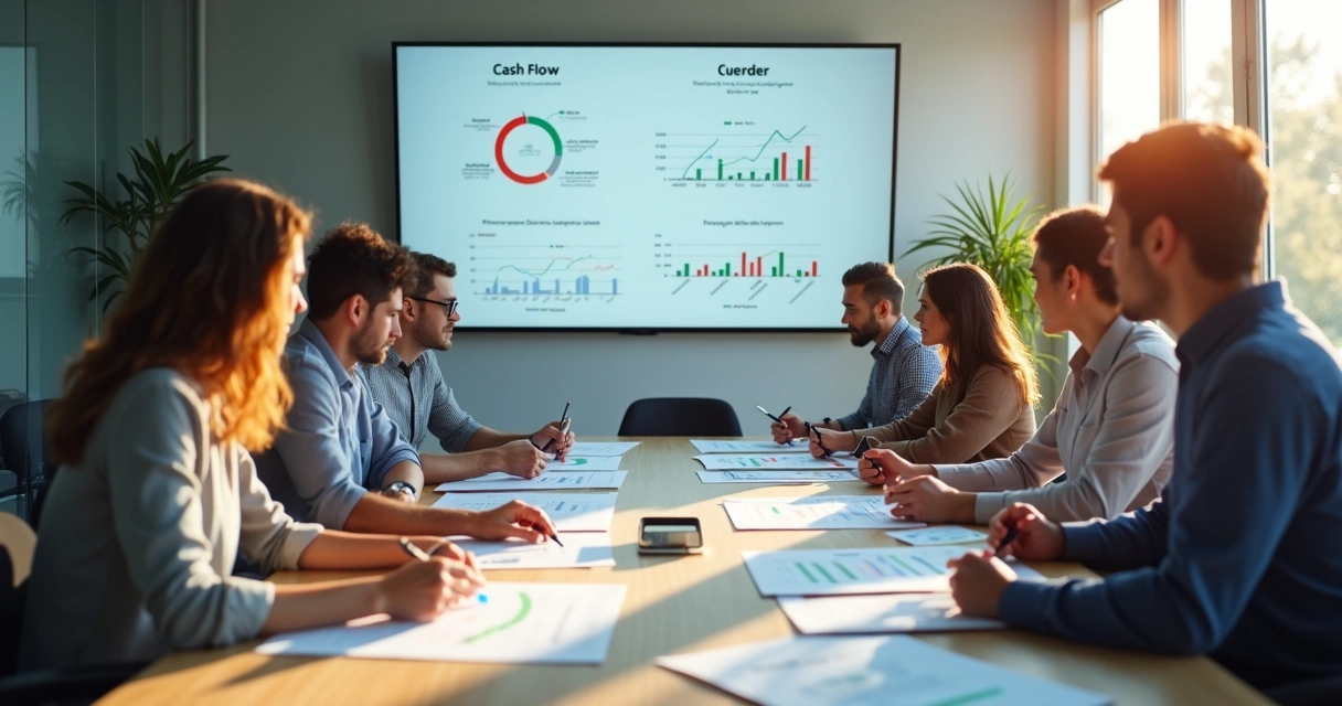 Equipe reunida analisando cenários financeiros projetados 