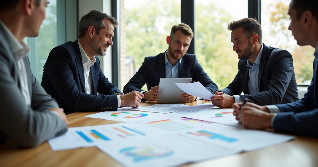Equipe de gestão reunida em torno de uma mesa analisando projeções financeiras impressas e gráficos digitais 