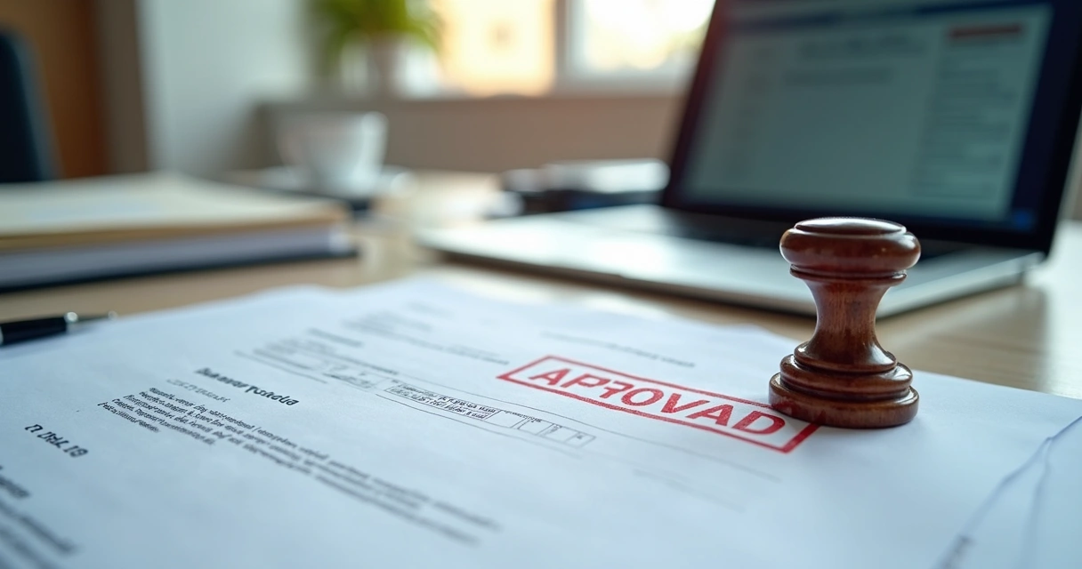 Mesa de escritório com documentos organizados, contrato e carimbo de aprovação 