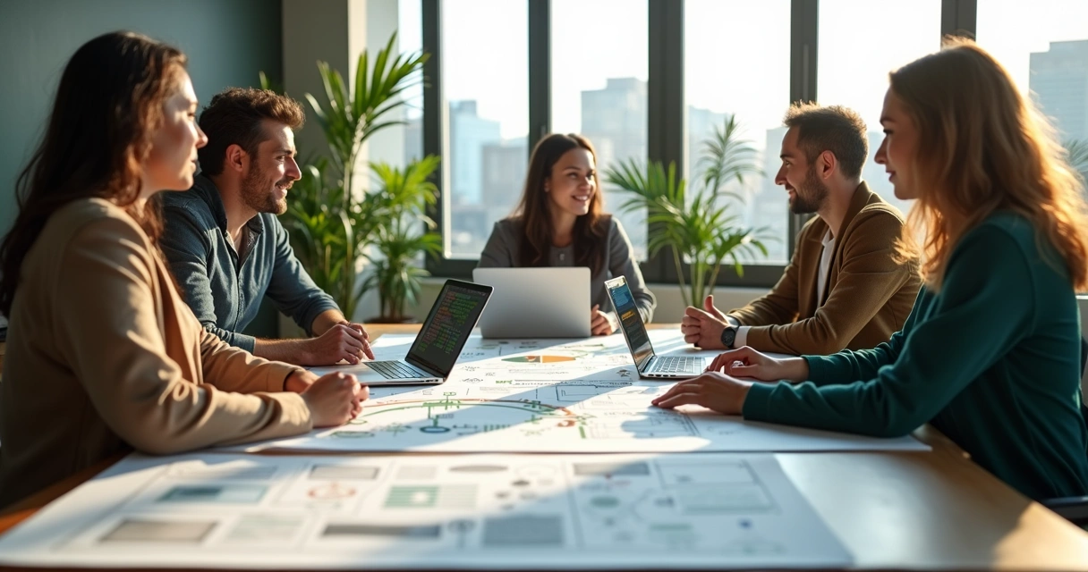 Reunião de equipe empresarial discutindo projetos de reciclagem com gráficos e protótipos de equipamentos no escritório moderno 
