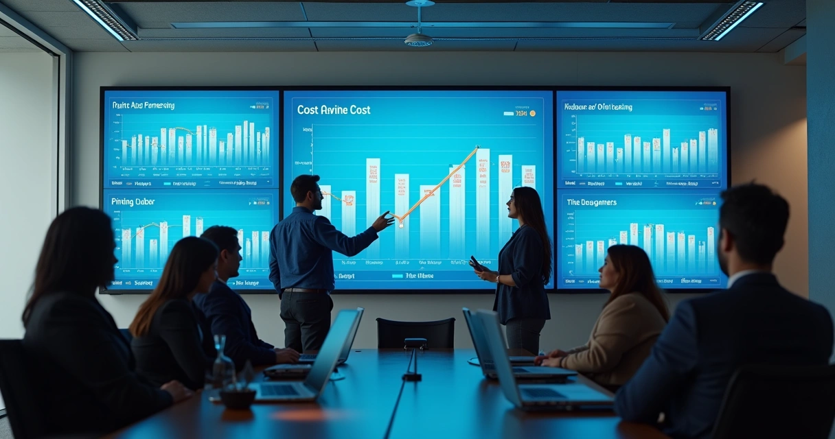 Ambiente corporativo com gráficos mostrando redução de custos após adoção de portal do cliente 