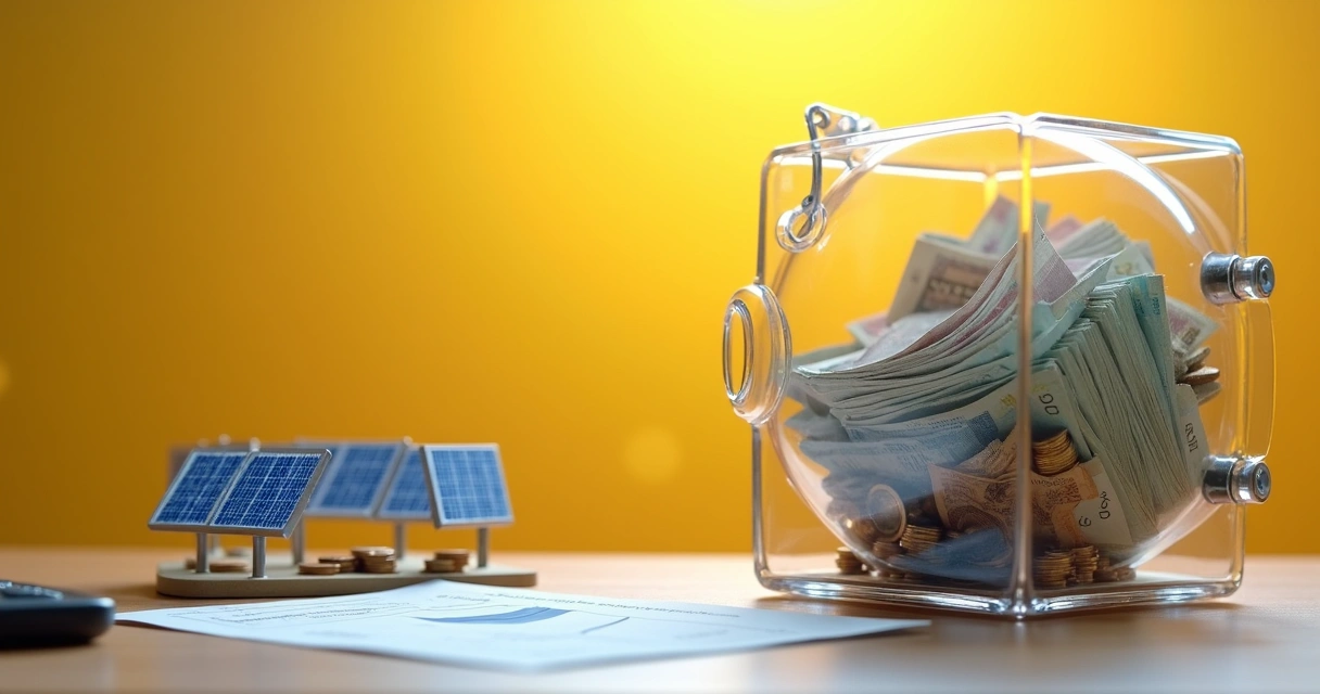 Cofre comercial transparente preenchido por dinheiro conectado a miniusina solar em fundo amarelo 