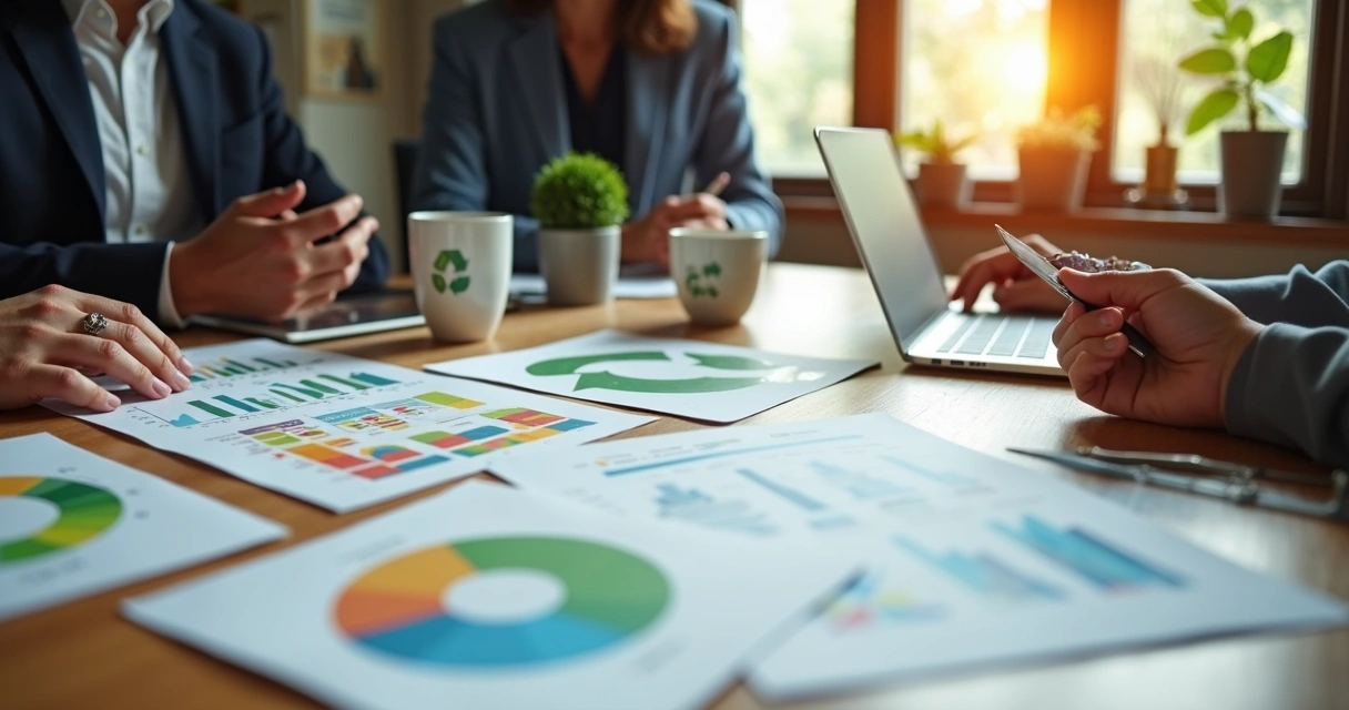 Equipe de empresa reunida em mesa discutindo gráficos coloridos sobre economia de recursos 