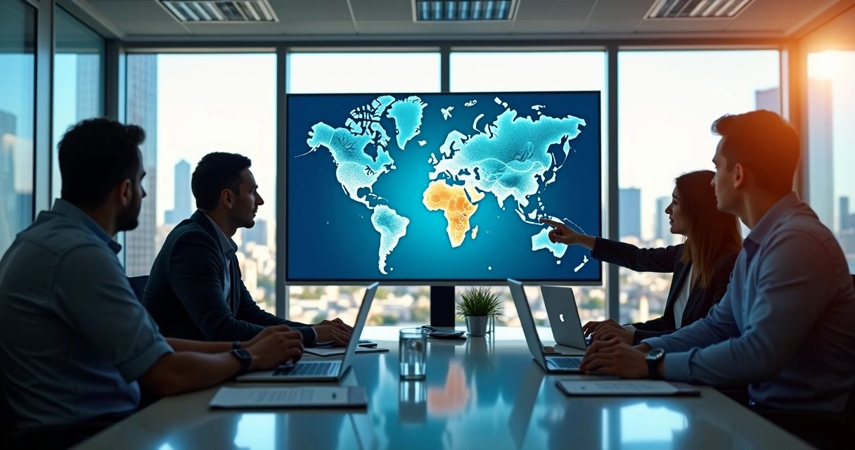 Equipe de empresa de tecnologia discutindo edge computing em sala iluminada.