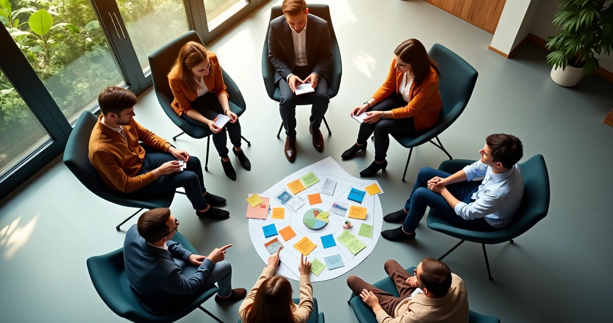 Equipe de empresa reunida em círculo debatendo dinâmicas internas 