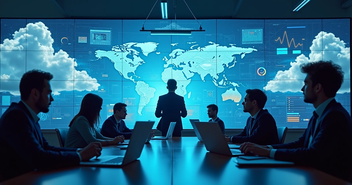 Equipe empresarial em reunião virtual com gráficos de nuvem ao fundo