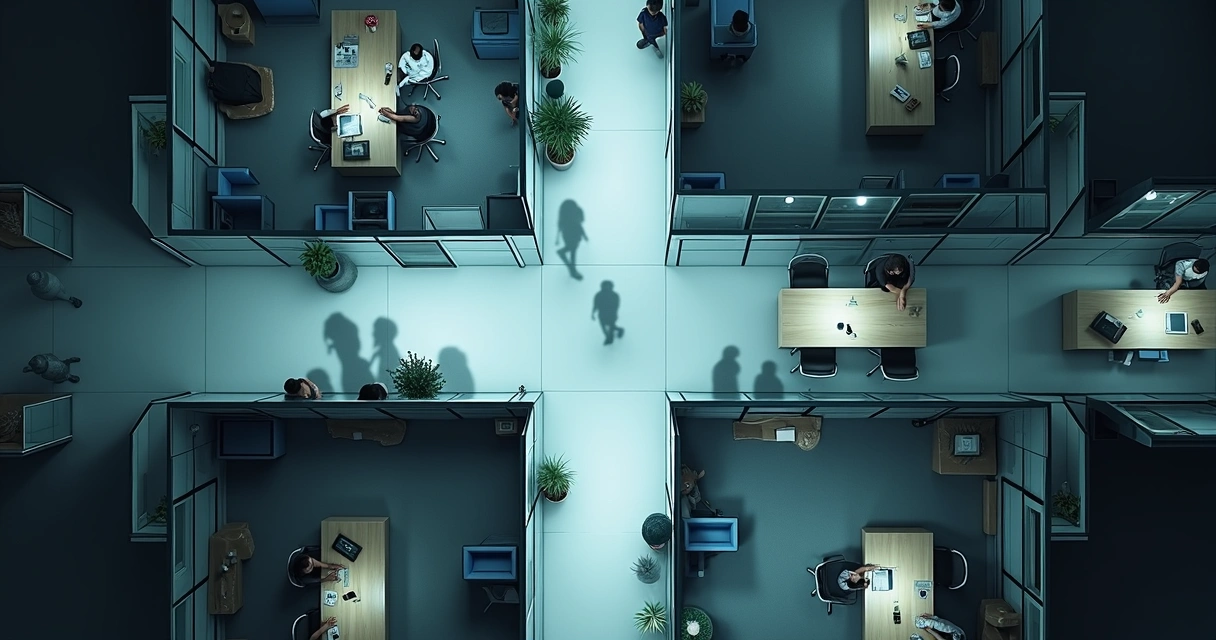 Planta da empresa com corredor iluminado e espaços em sombra sugerindo emoções ocultas 