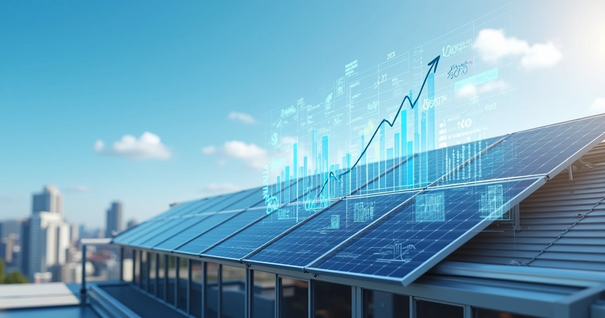Prédio comercial moderno com painéis solares no telhado e gráficos digitais de economia de energia no céu 