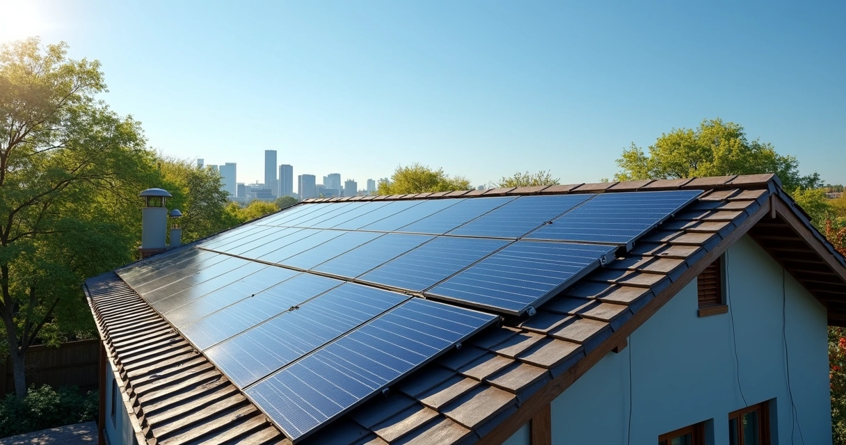 Painéis solares instalados em telhado residencial em área urbana com céu azul claro 