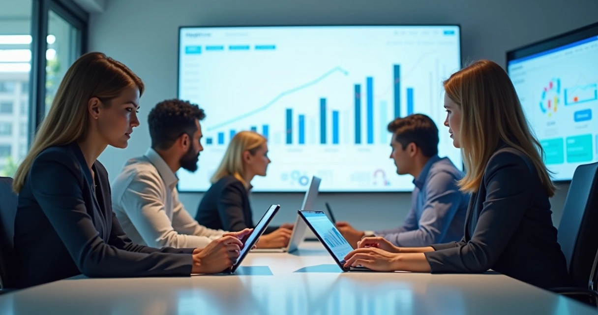 Equipe de empresa analisando dados de clientes em um escritório moderno