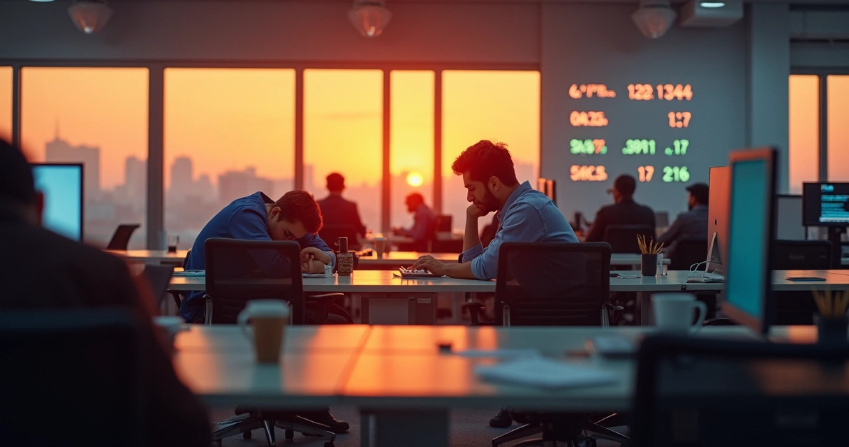 Equipe de escritório exausta ao final do expediente 