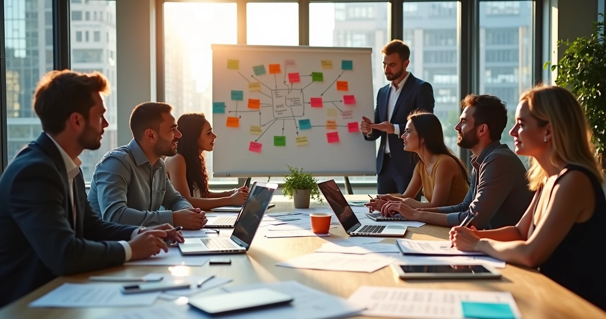 Equipe de marketing reunida ao redor de uma mesa com laptops e papéis 