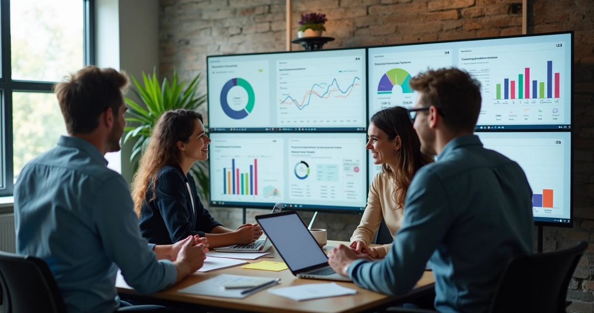 Equipe de marketing analisando dados em monitores em ambiente moderno 