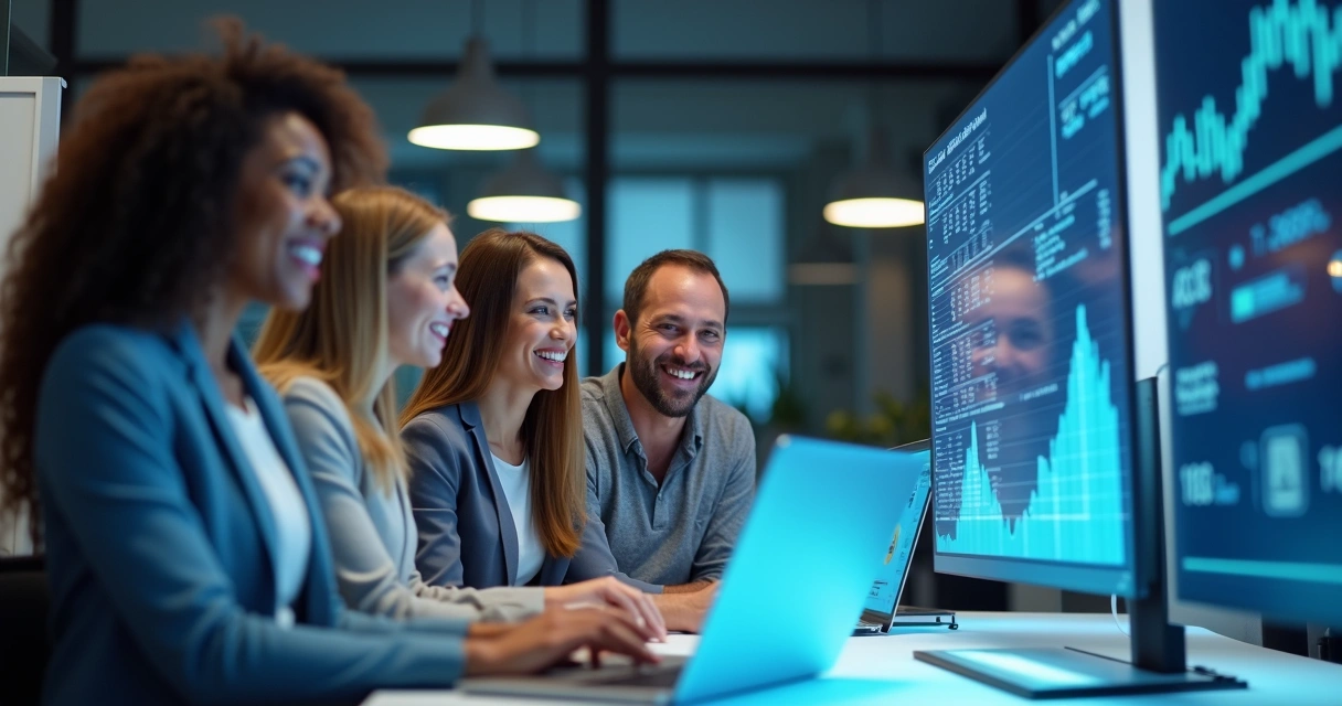 Equipe satisfeita em ambiente de trabalho digital 