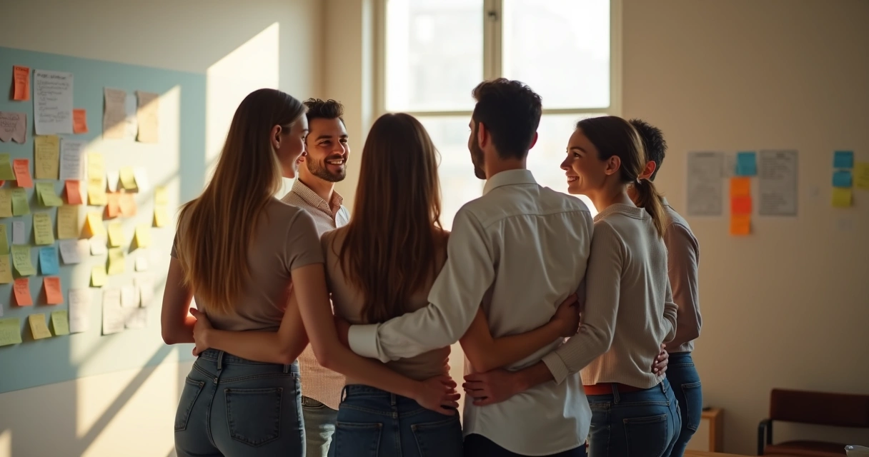 Equipe unida em ambiente corporativo após constelação organizacional 