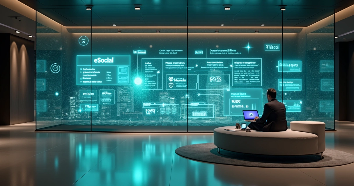 Gestor observando vitrine digital com painel de conformidade eSocial 