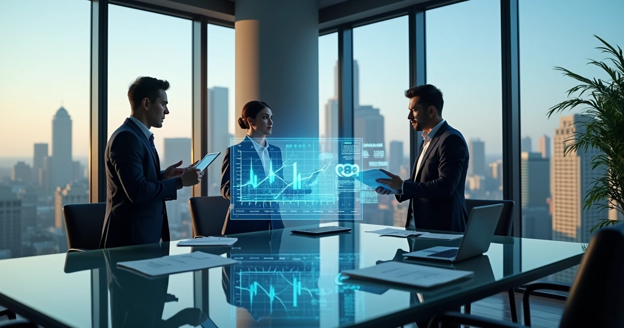 Escritório moderno com empresários analisando documentos de incentivos fiscais em tela digital 