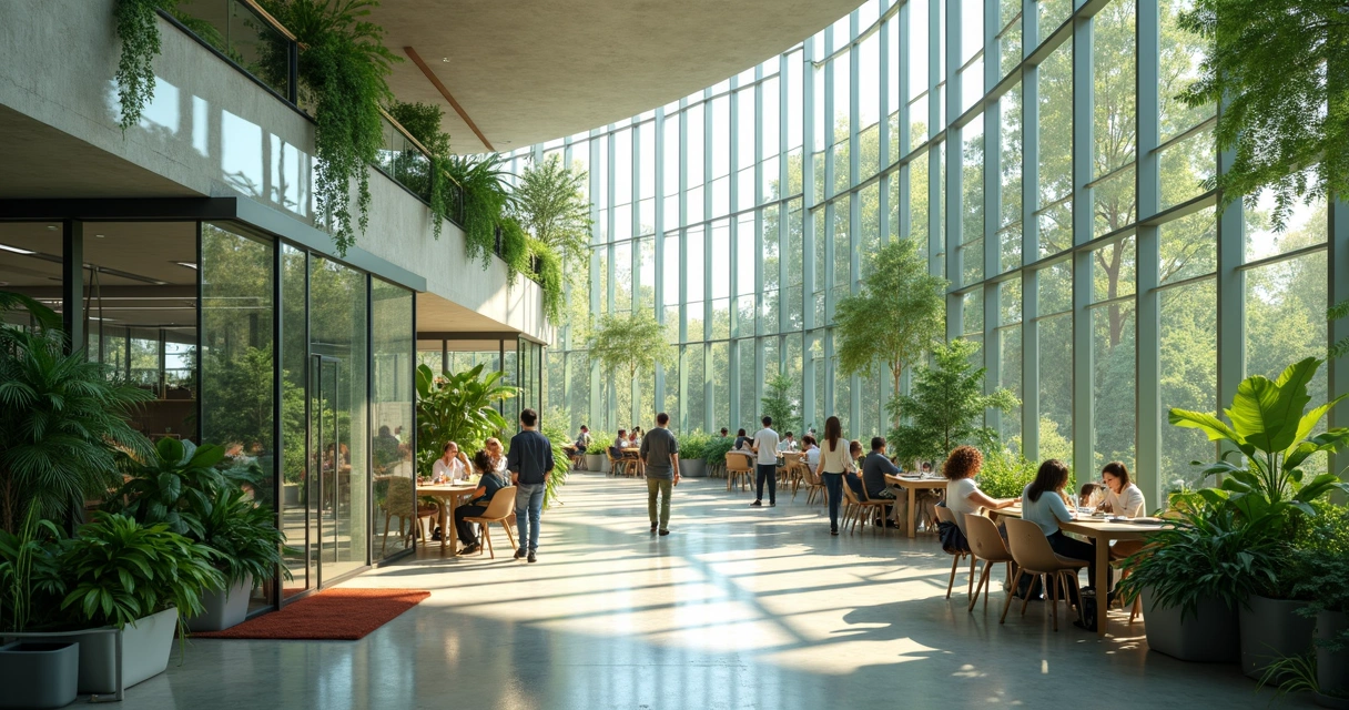 Edifício moderno com paredes de vidro, luz natural e plantas, pessoas reunidas próximas colaborando em ambiente sustentável. 