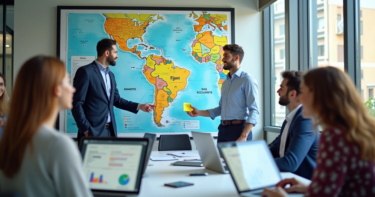 Equipe de negócios discute expansão em escritório moderno 