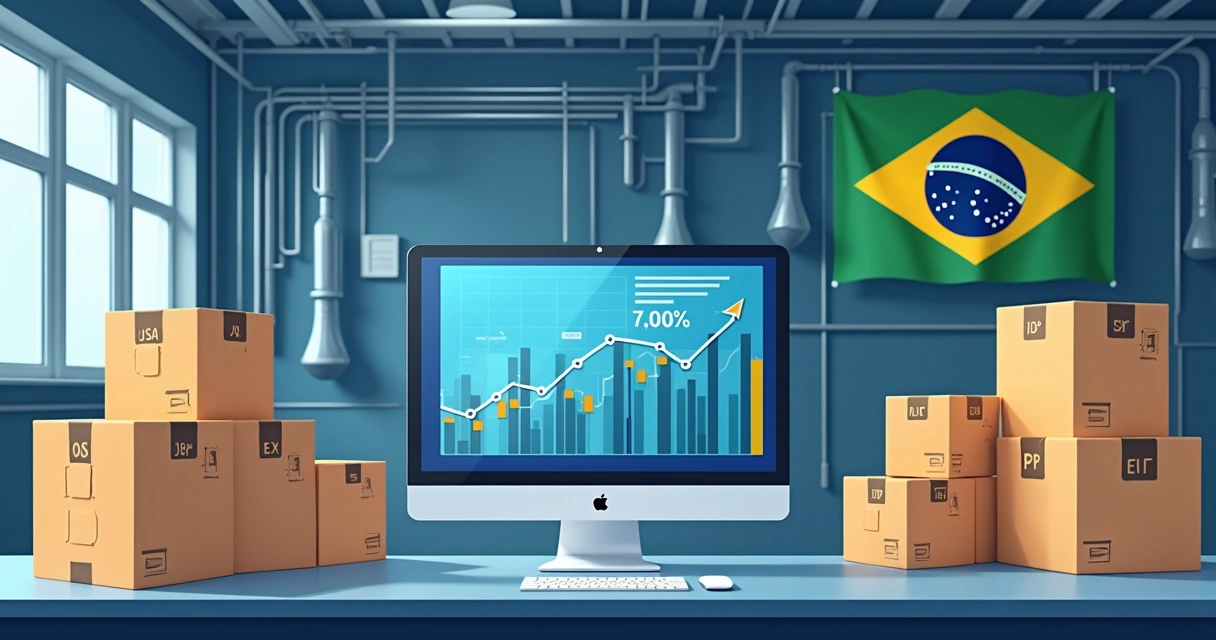 Fábrica com produção nacional e destaque para oscilações cambiais em painel digital.