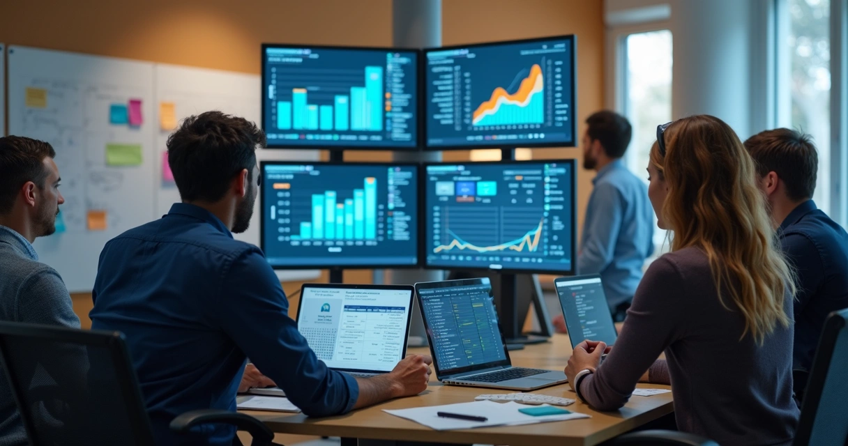 Equipe de empresa analisando atualização de dados em computadores 