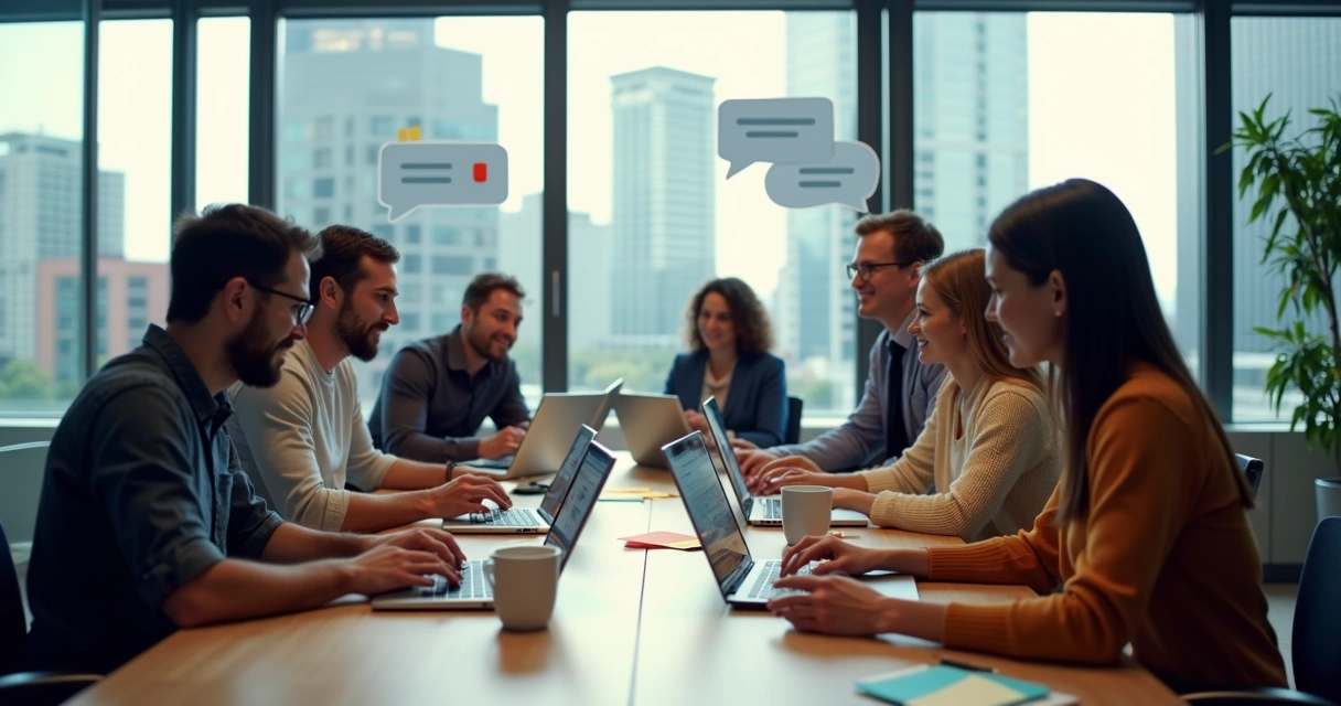 Equipe reunida em sala moderna analisando respostas de feedback nos tablets e notebooks 