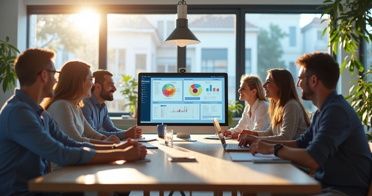 Equipe empresarial sorrindo ao redor de computadores exibindo aplicativos no-code 