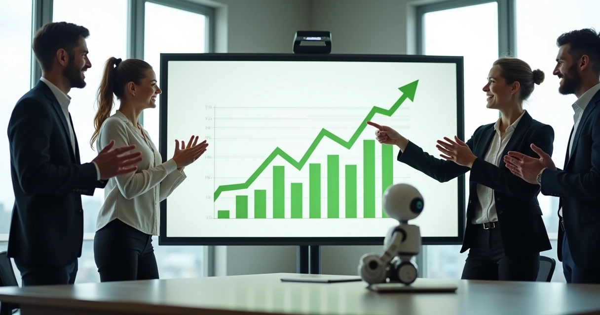 Equipe de empresa comemorando resultados positivos junto a um quadro com gráficos crescentes 