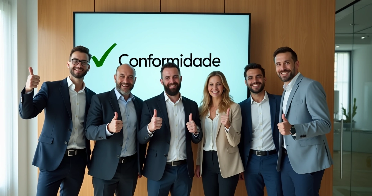 Equipe celebrando aprovação de compliance empresarial