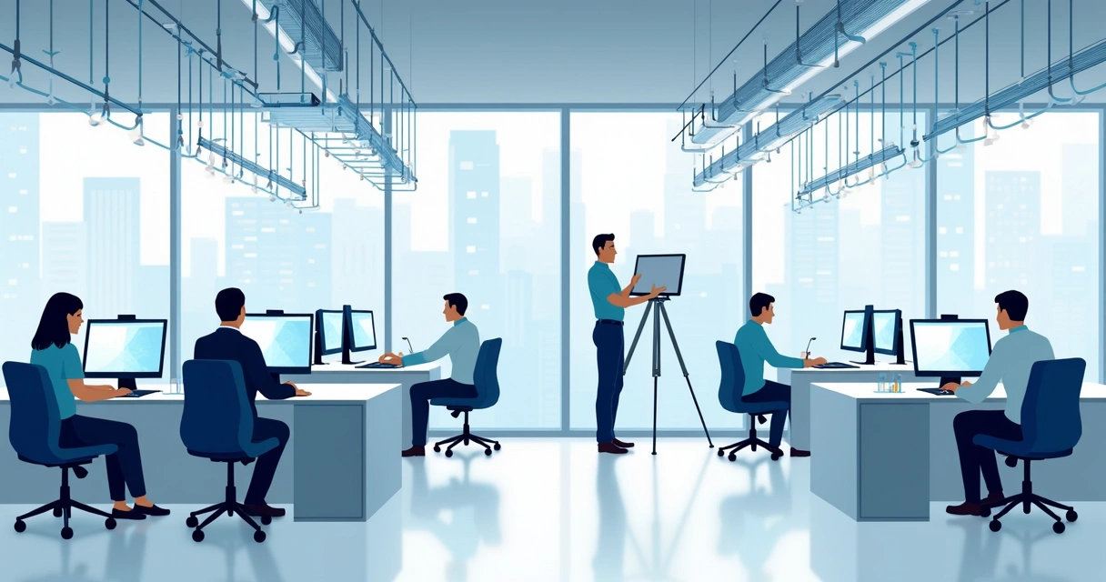 Instalação de fibra óptica em escritório moderno 