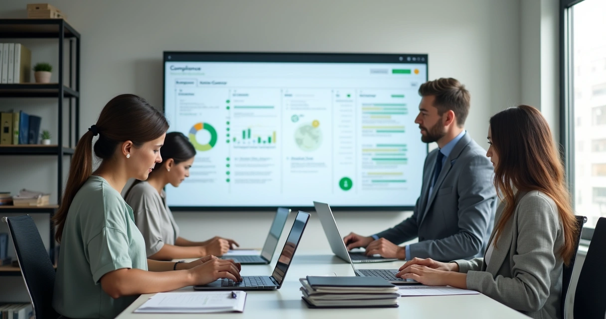 Equipe de empresa organizando documentos digitais e físicos