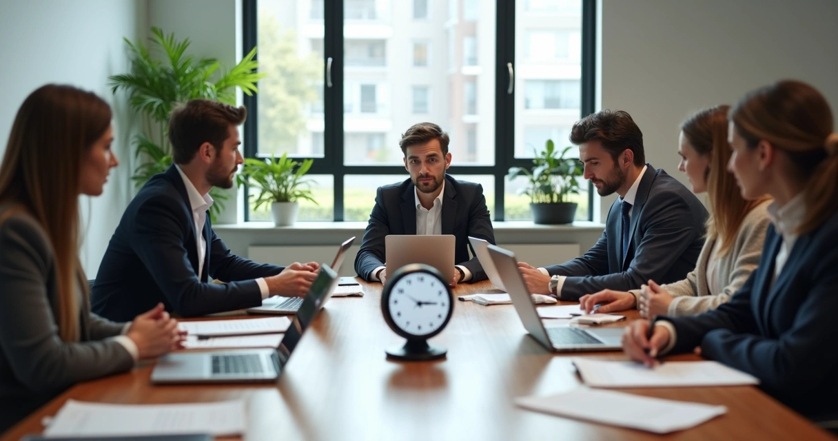 Sala de reunião corporativa com gestores revisando documentos de auditoria trabalhista 