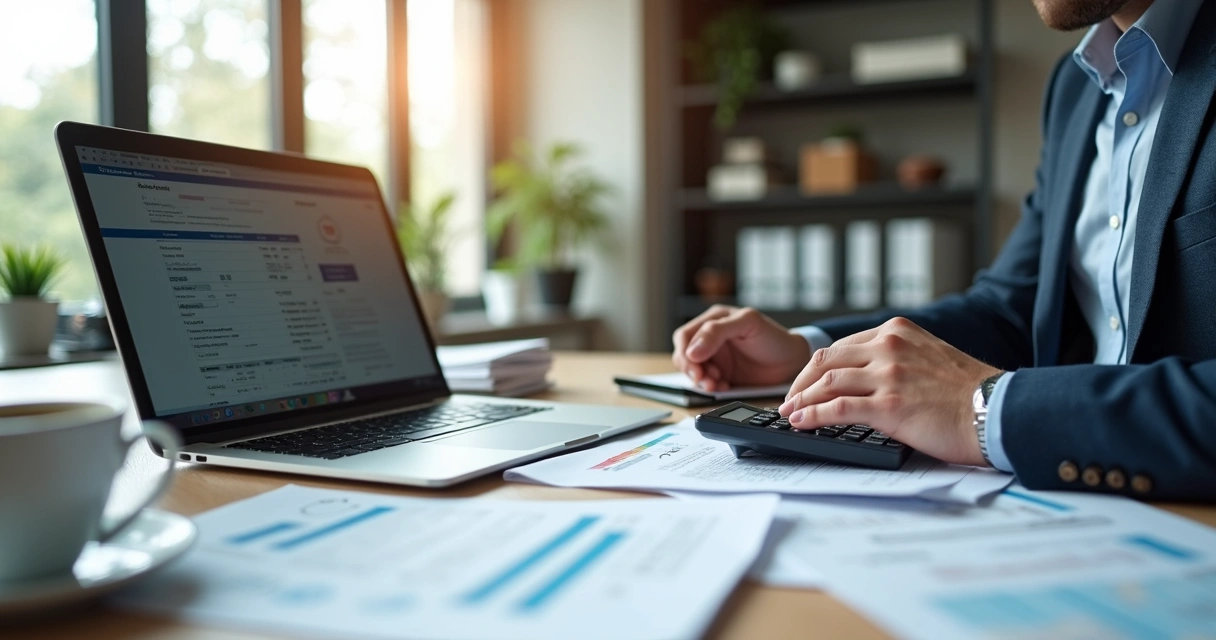 Empresa moderna com gestor consultando folha de pagamento e calculadora digital 