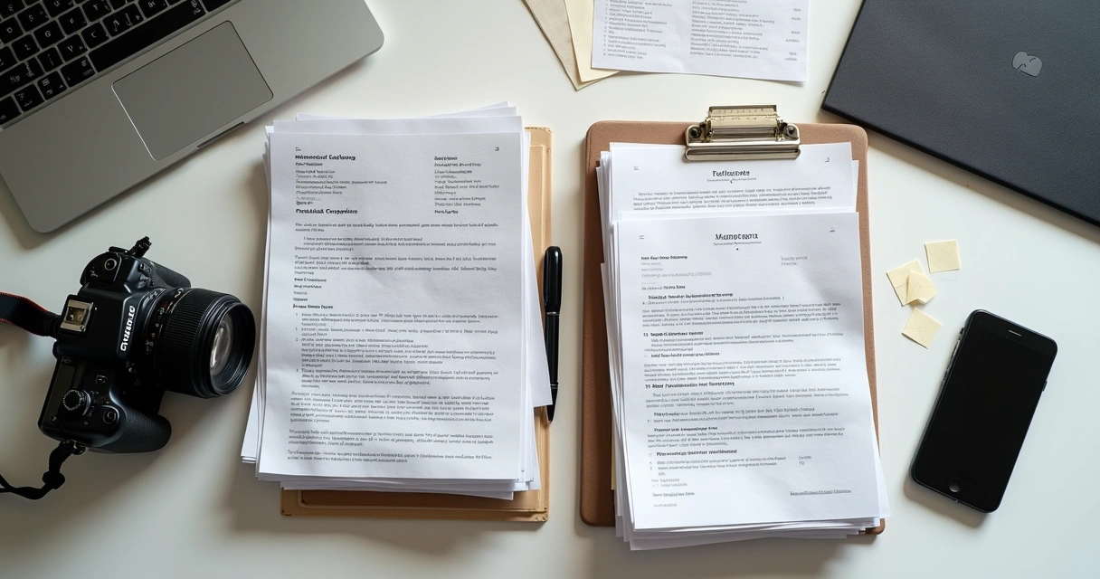 Duas pilhas de papéis, uma desorganizada com recibos, outra organizada com contratos e notas fiscais 