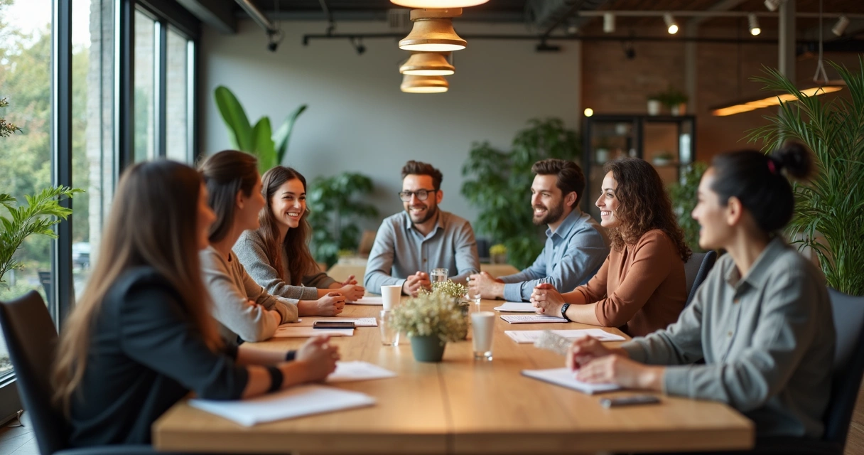 Reunião em empresa, equipe diversa e tranquila em ambiente acolhedor 