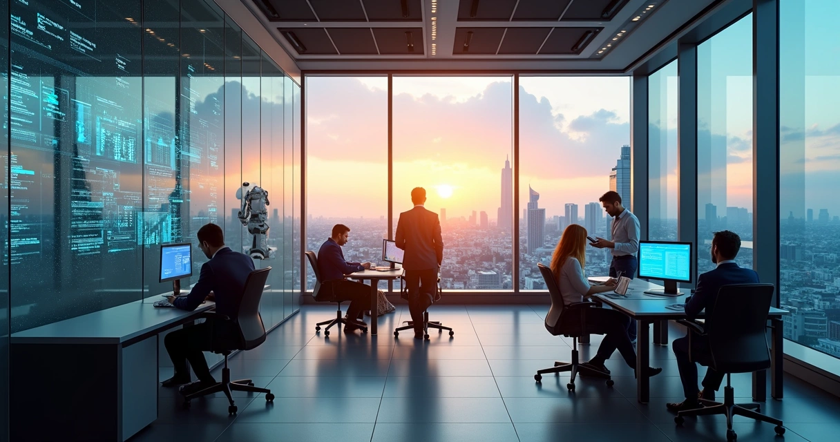 Ambiente empresarial moderno com automação de IA em todos os setores 