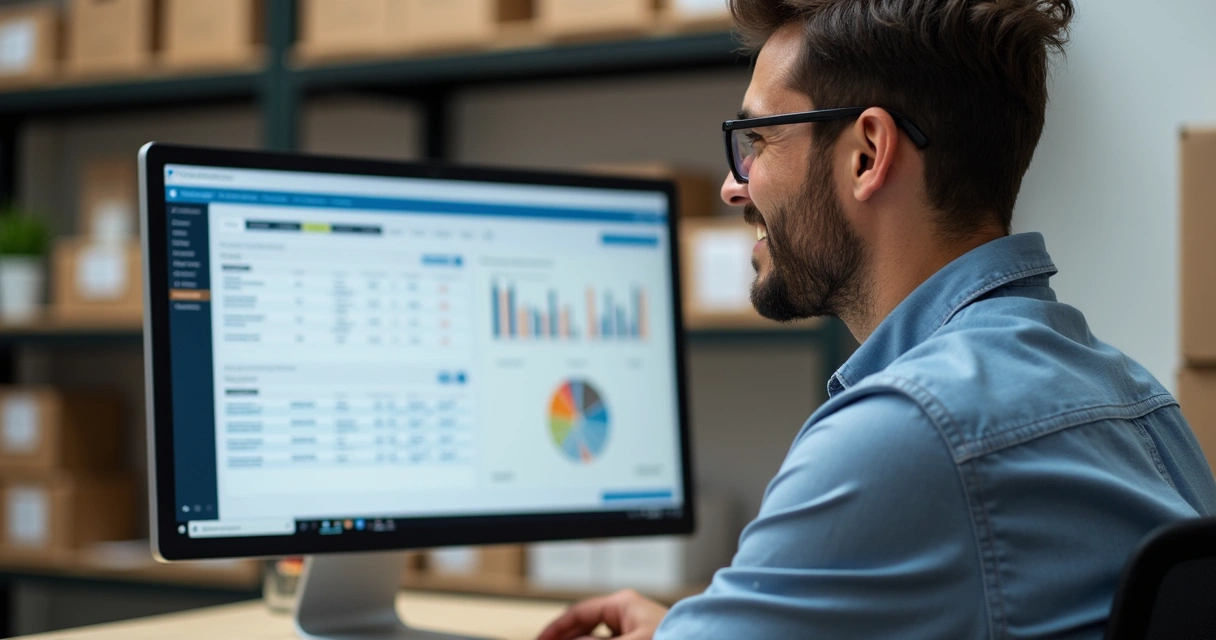 Empresário gerenciando estoque no ERP 77Gestão em seu escritório 