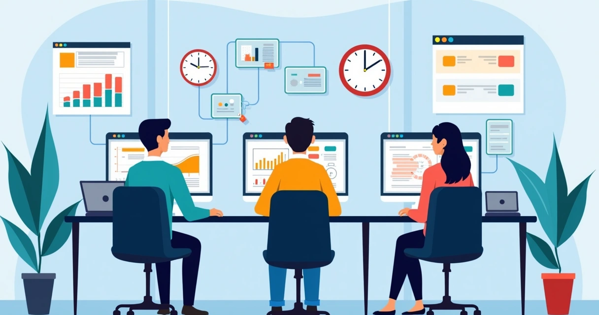 Equipe de assistência técnica monitorando ordens de serviço digital em vários computadores