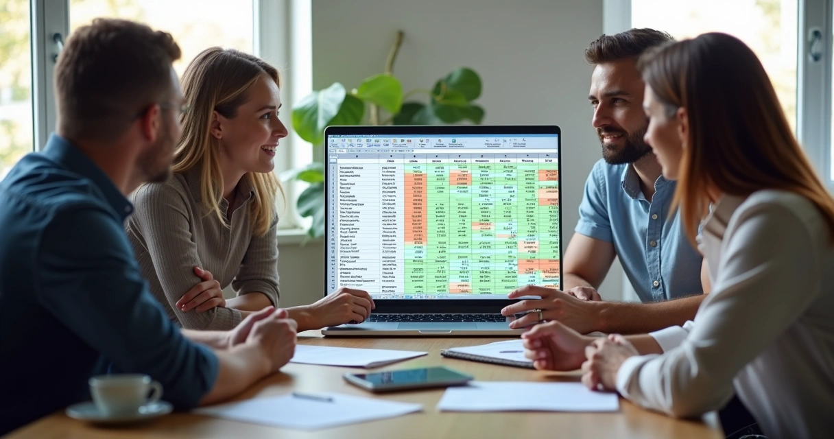 Equipe analisando planilha de vendas na tela de um notebook 
