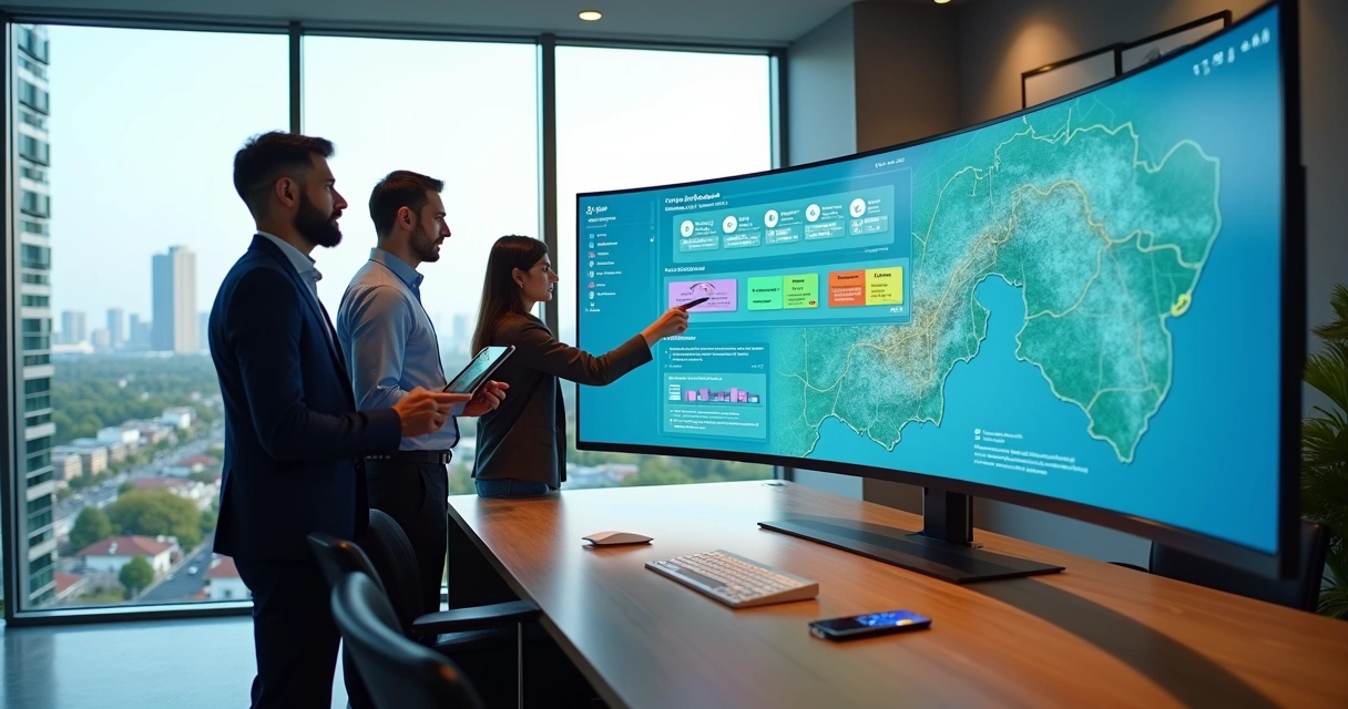 Equipe de gestão analisando cidade em painel digital integrado 