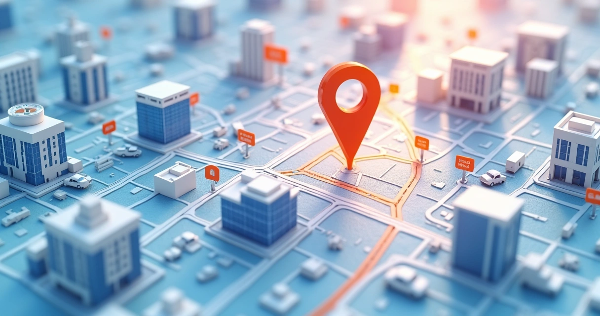 Visualização do posicionamento de uma empresa no Google Maps com marcação central e resumos de avaliações ao redor 