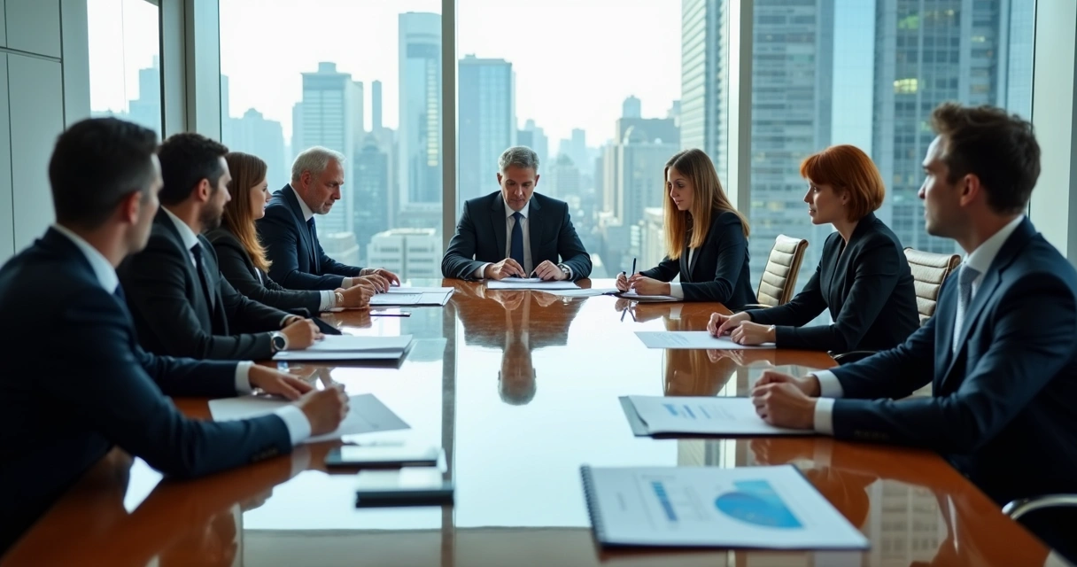Conselho de administração em reunião analisando documentos 
