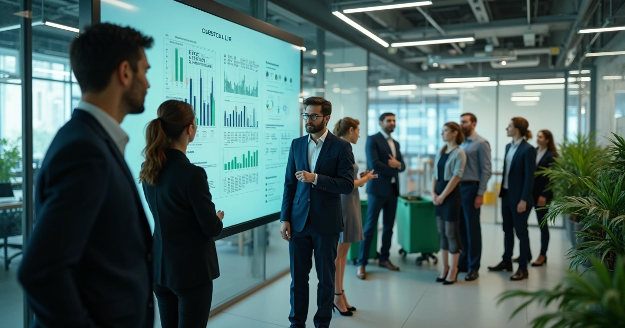 Equipe de empresa usando dashboard de plataforma de reciclagem e equipe de cooperativa alinhada 