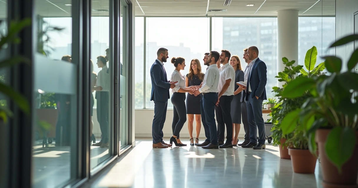 Equipe sorridente em empresa com ambiente higienizado 