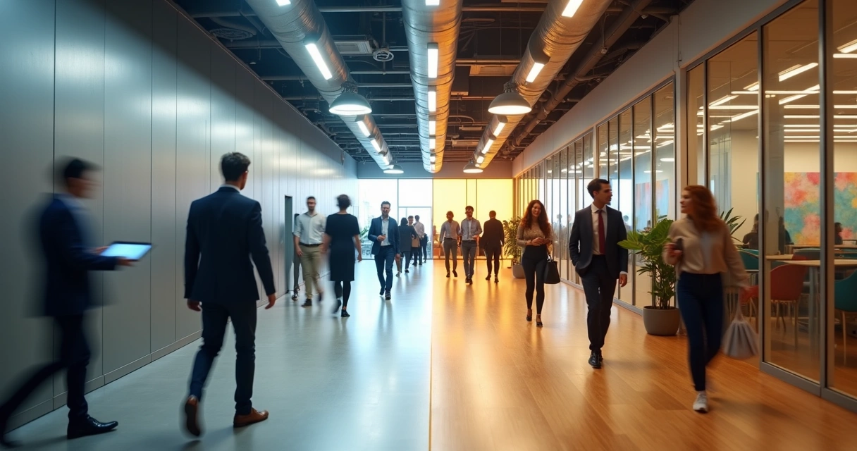 Corredor de escritório dividido entre ambiente frio e ambiente humanizado 