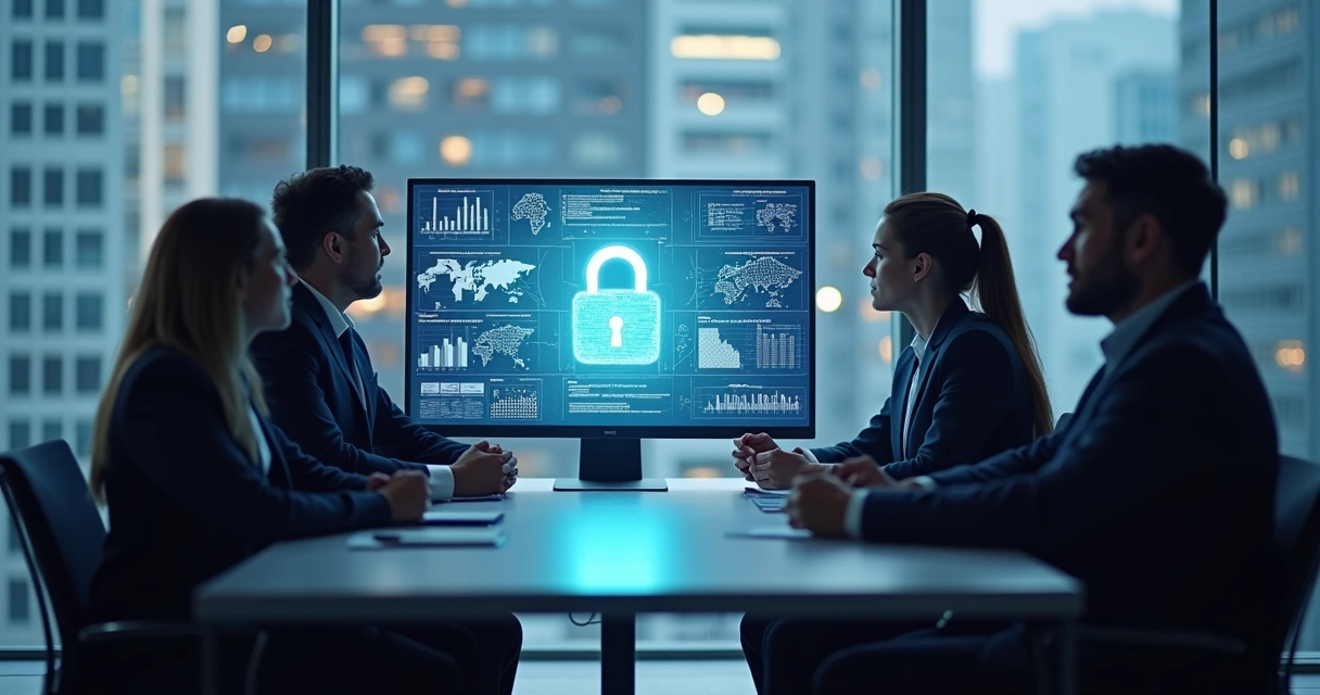 Equipe reunida ao redor de computador protegido por cadeado digital 